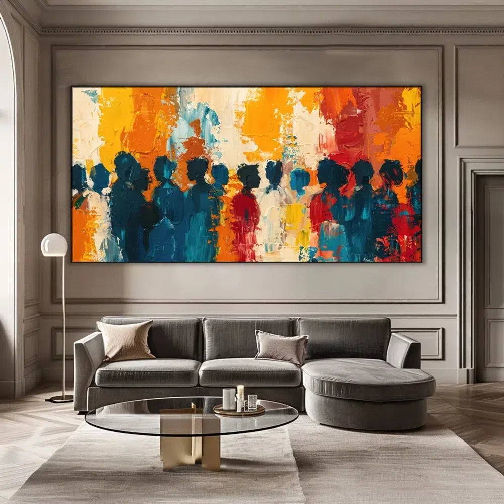 Un groupe de silhouettes colorées dans une explosion de couleurs vives, parfait pour apporter une touche dynamique à votre salon ou bureau.