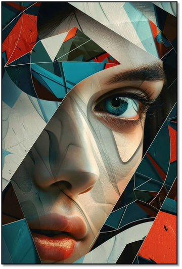 Visage féminin fragmenté en formes abstraites colorées, accentuant un regard mystérieux. Une œuvre dynamique et colorée, idéale pour un décor moderne.