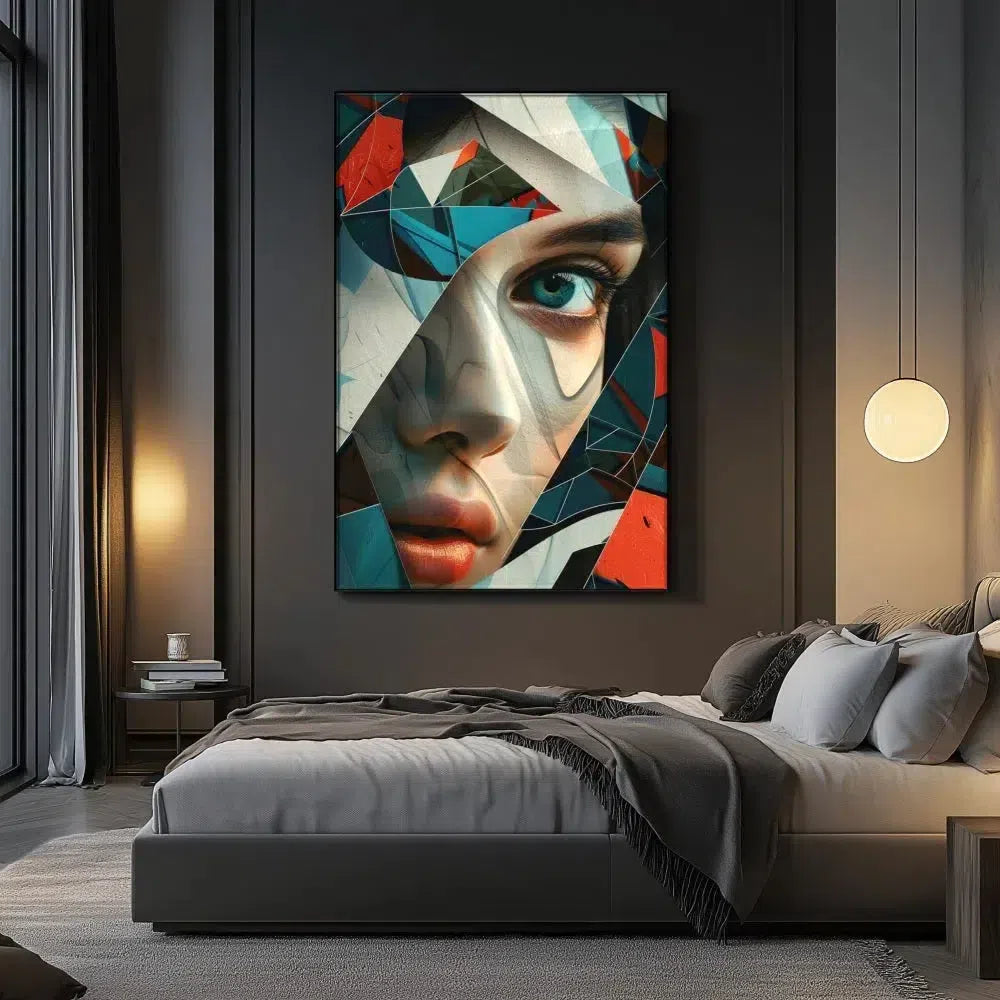 Visage féminin fragmenté en formes abstraites colorées, accentuant un regard mystérieux. Une œuvre dynamique et colorée, idéale pour un décor moderne.