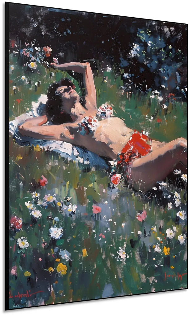 Peinture d'une femme se relaxant au soleil parmi des fleurs colorées, idéale pour une ambiance de détente dans un salon ou chambre.