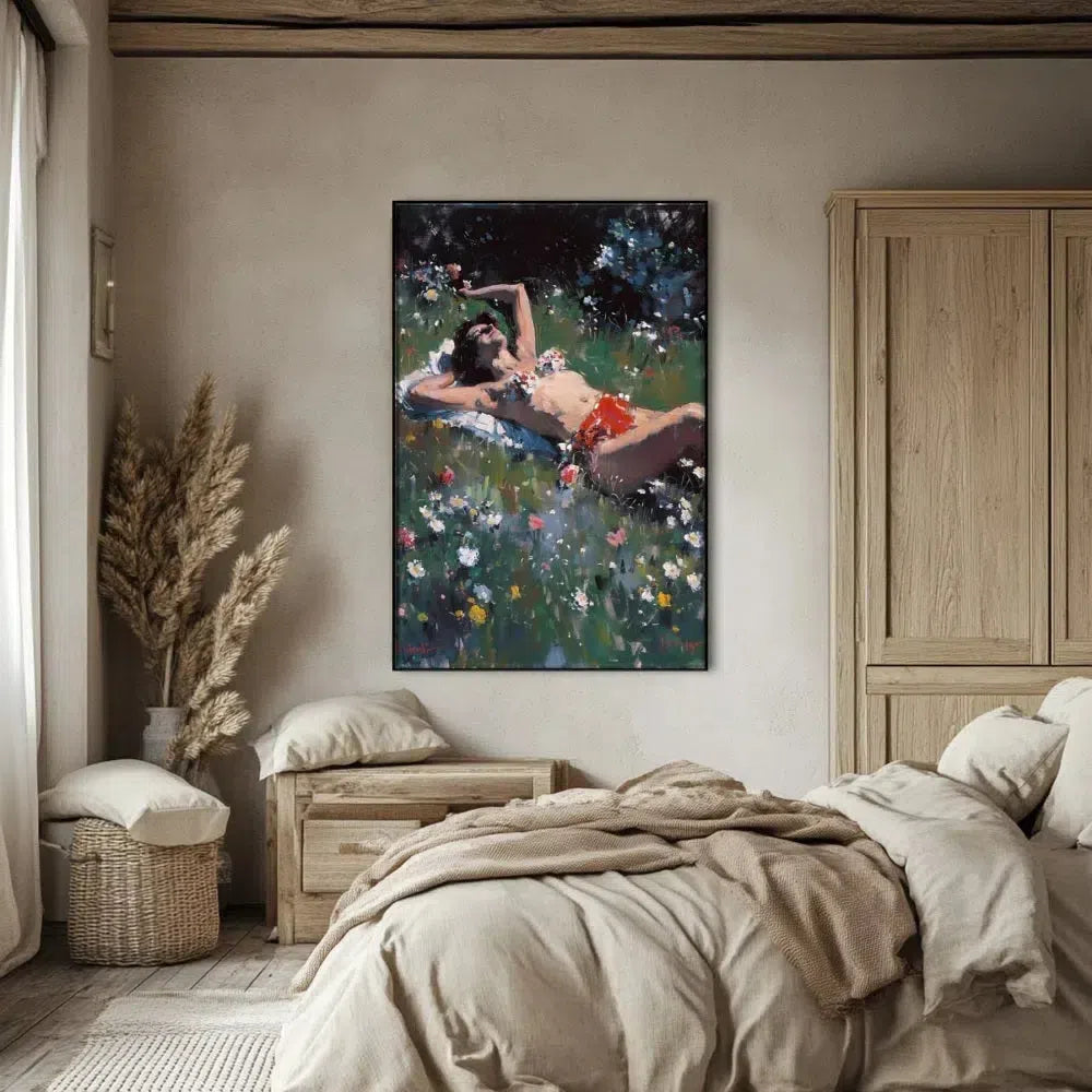 Peinture d'une femme se relaxant au soleil parmi des fleurs colorées, idéale pour une ambiance de détente dans un salon ou chambre.