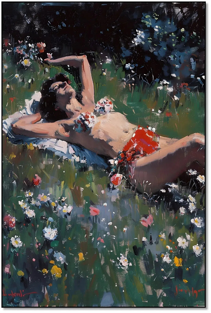 Peinture d'une femme se relaxant au soleil parmi des fleurs colorées, idéale pour une ambiance de détente dans un salon ou chambre.