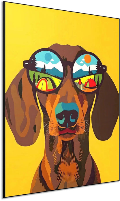 Illustration d'un chien portant des lunettes de soleil, avec des paysages colorés dans les lentilles, idéale pour une chambre enfantine.