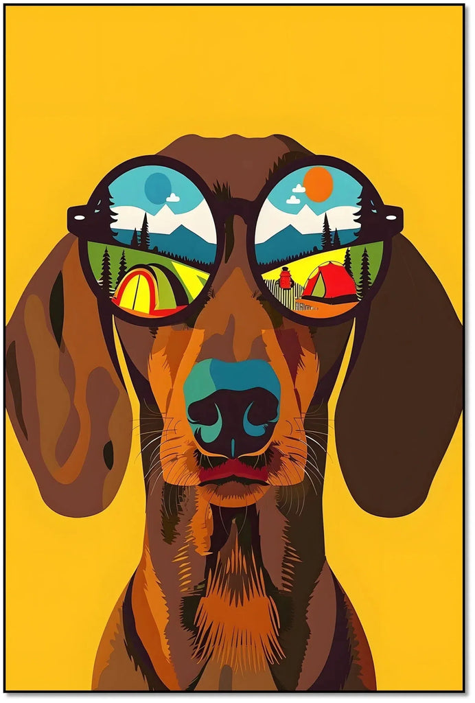 Illustration d'un chien portant des lunettes de soleil, avec des paysages colorés dans les lentilles, idéale pour une chambre enfantine.