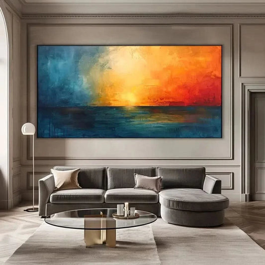 Une mer calme baignée par des couleurs chaudes et apaisantes, idéale pour créer une ambiance sereine dans votre salon ou chambre.