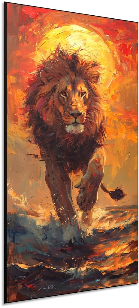 Un lion majestueux marchant sous un soleil éclatant, dans une mer animée, créant une scène pleine de force et couleur, idéale pour salon.