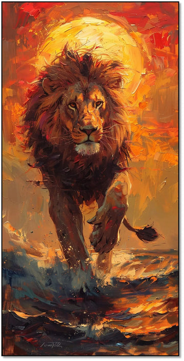 Un lion majestueux marchant sous un soleil éclatant, dans une mer animée, créant une scène pleine de force et couleur, idéale pour salon.