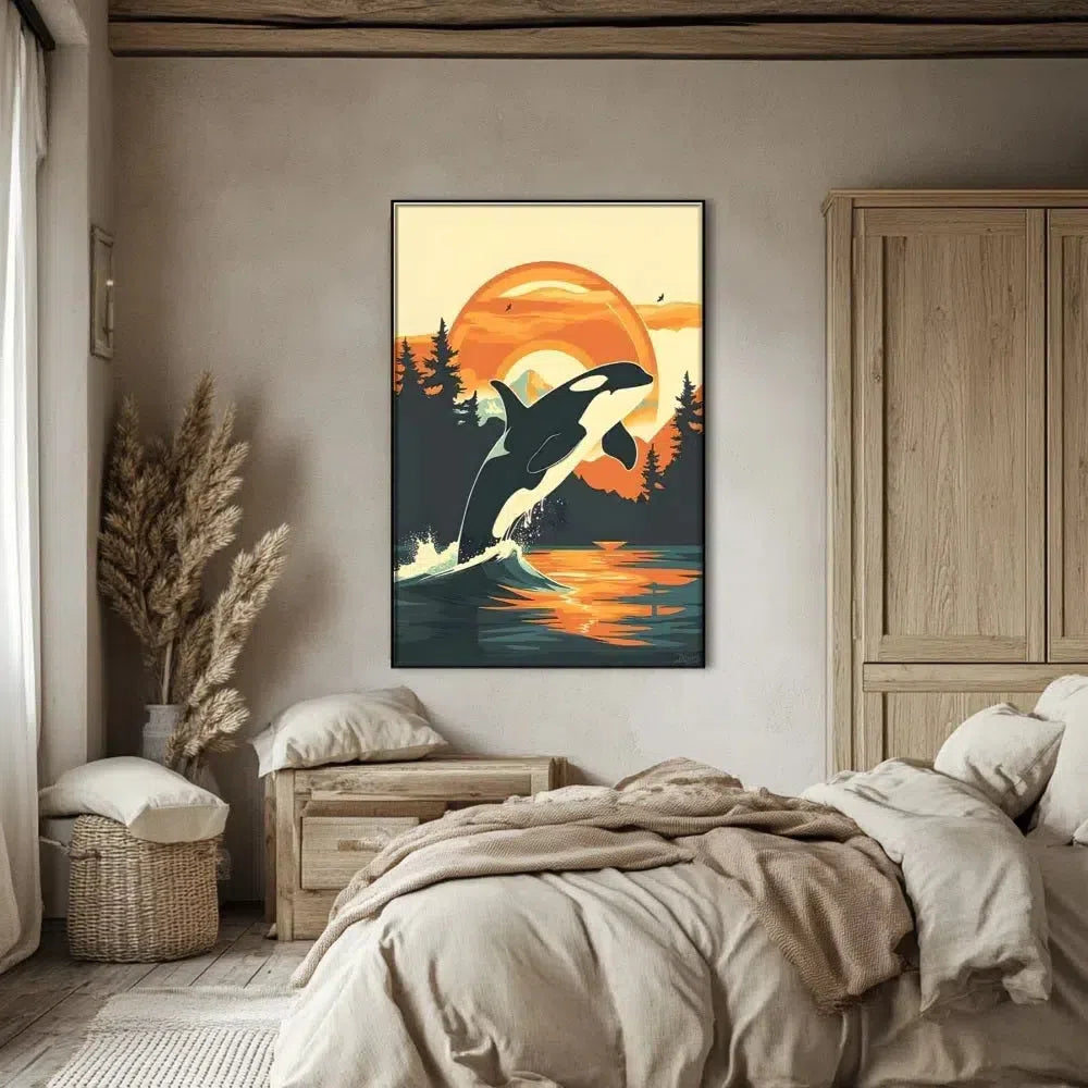 Illustration d'une orque sautant au-dessus de l'eau avec un coucher de soleil vibrant en arrière-plan, idéale pour une chambre ou salon.