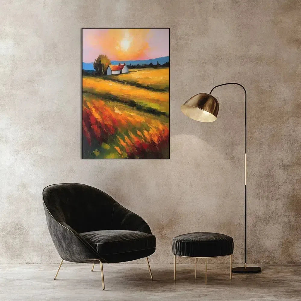 Paysage paisible avec des champs dorés sous un soleil éclatant, créant une ambiance sereine et chaleureuse, idéale pour un salon ou une chambre apaisante.