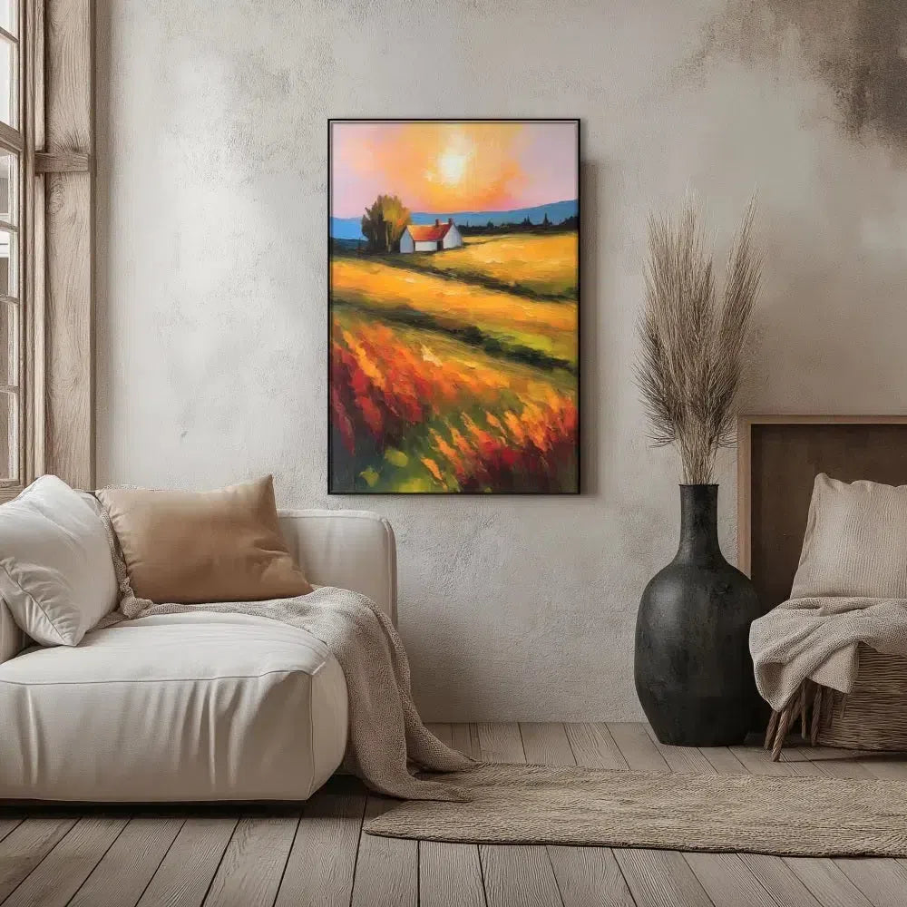 Paysage paisible avec des champs dorés sous un soleil éclatant, créant une ambiance sereine et chaleureuse, idéale pour un salon ou une chambre apaisante.