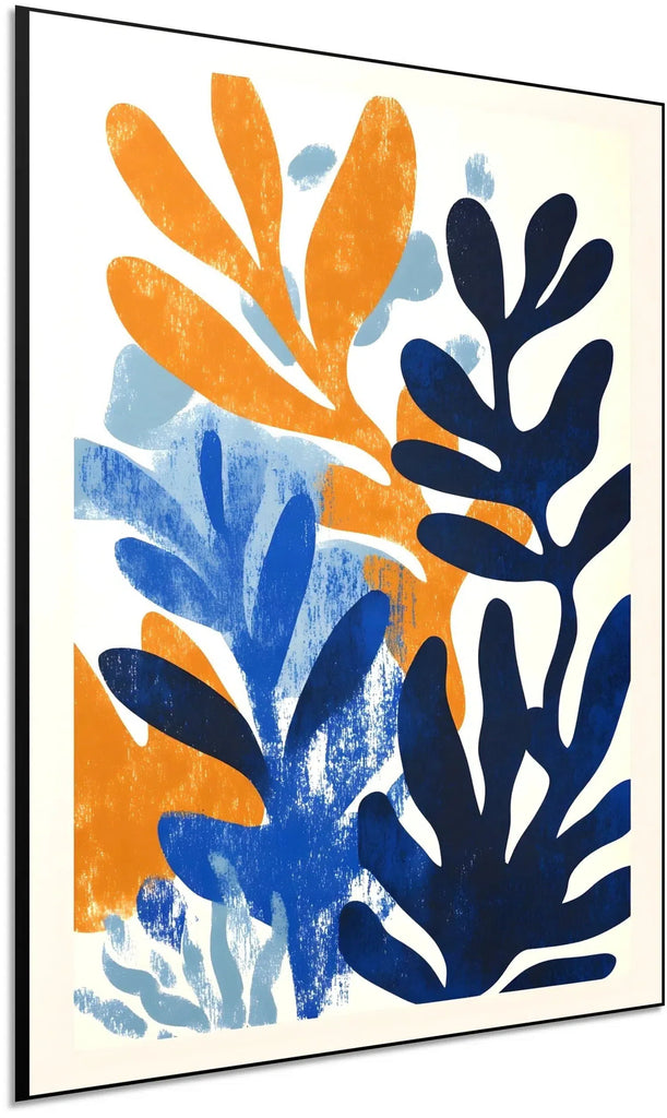 Peinture abstraite avec des formes organiques en bleu, orange et bleu clair,idéale pour une décoration moderne de salon.