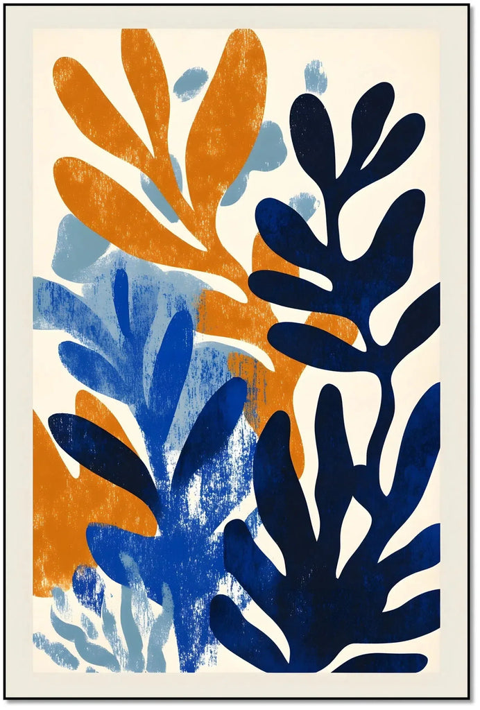 Peinture abstraite avec des formes organiques en bleu, orange et bleu clair,idéale pour une décoration moderne de salon.