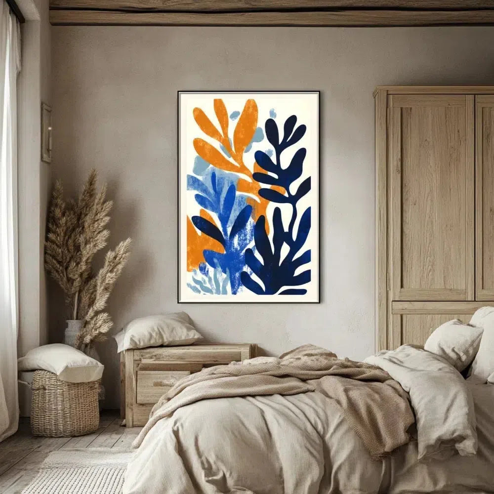 Peinture abstraite avec des formes organiques en bleu, orange et bleu clair,idéale pour une décoration moderne de salon.