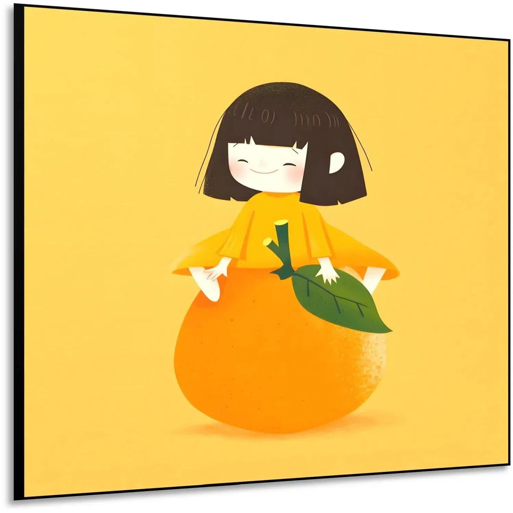 Illustration d'une petite fille souriante assise sur une orange, style ludique et coloré, parfaite pour chambre d'enfant.