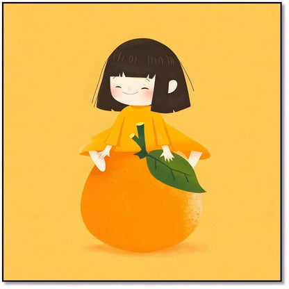 Illustration d'une petite fille souriante assise sur une orange, style ludique et coloré, parfaite pour chambre d'enfant.