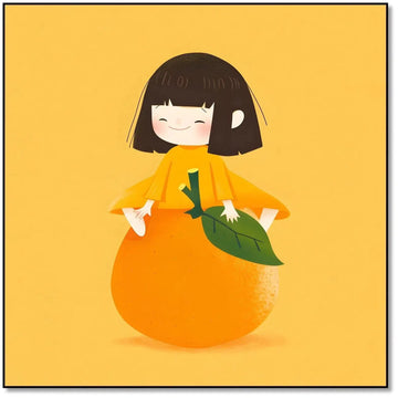 Illustration d'une petite fille souriante assise sur une orange, style ludique et coloré, parfaite pour chambre d'enfant.