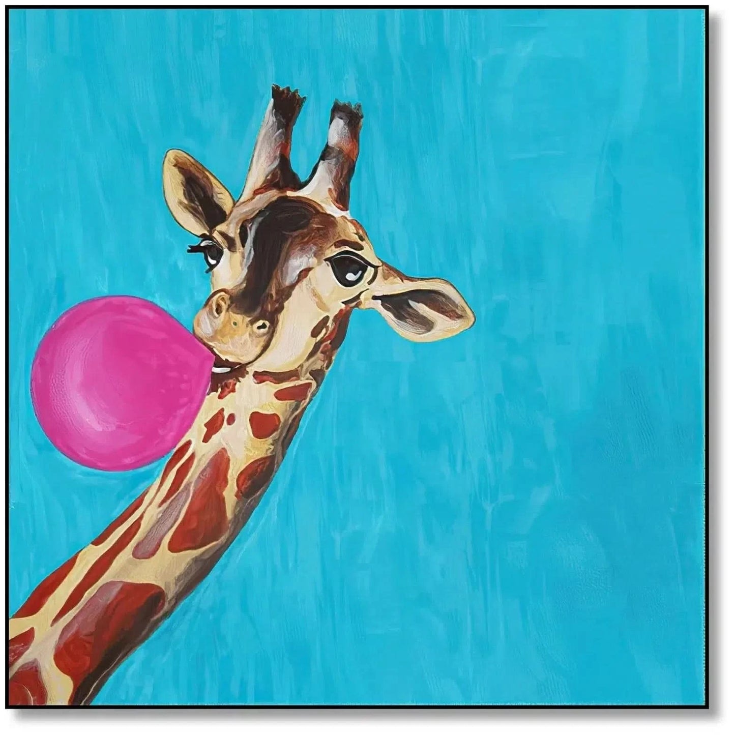 Illustration d’une girafe avec une bulle de chewing-gum, créant une ambiance dynamique et joyeuse avec des couleurs vives.
