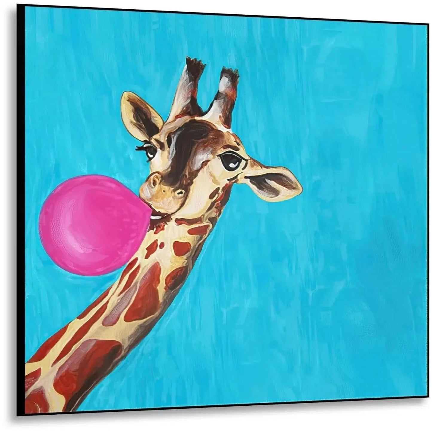 Illustration d’une girafe avec une bulle de chewing-gum, créant une ambiance dynamique et joyeuse avec des couleurs vives.
