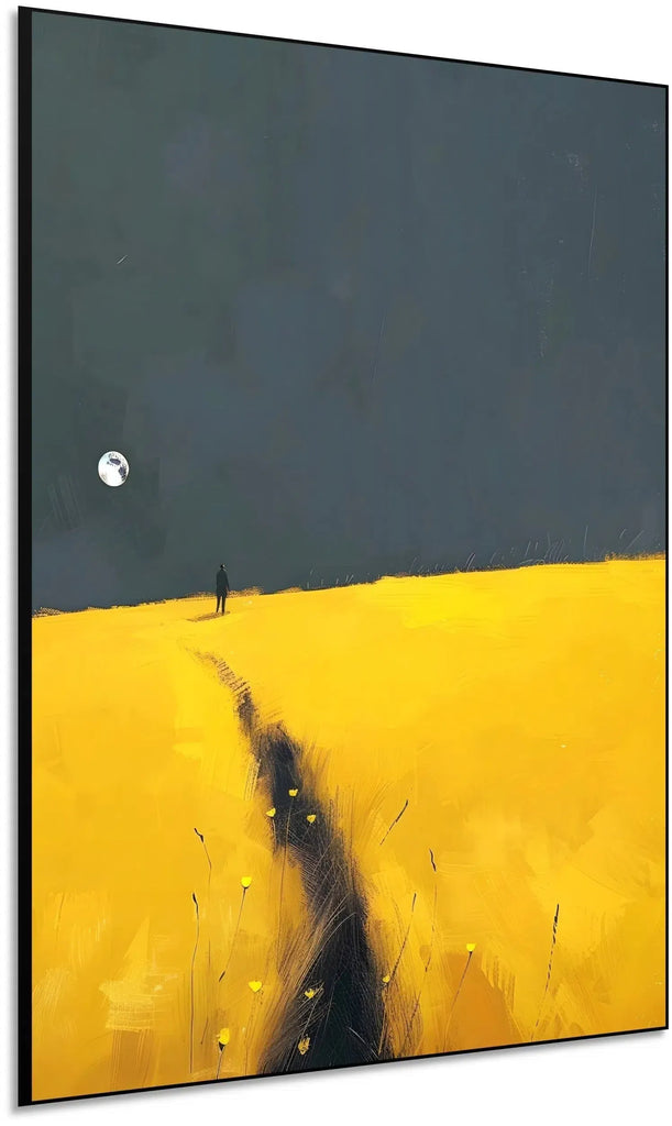 Peinture d'une silhouette marchant sur un champ jaune sous un ciel sombre avec la lune, idéale pour une chambre ou salon.