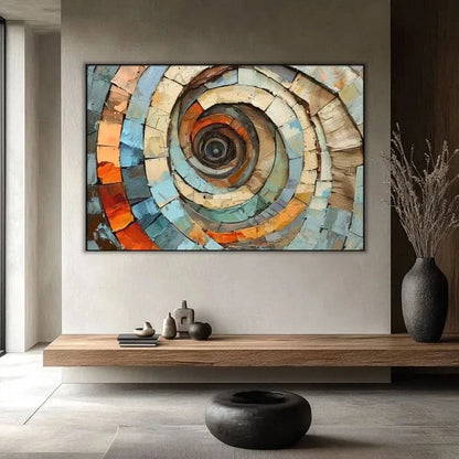 Spirale abstraite de formes géométriques en bleu, orange et beige, créant une sensation de mouvement fluide et une ambiance apaisante, parfaite pour un espace moderne.