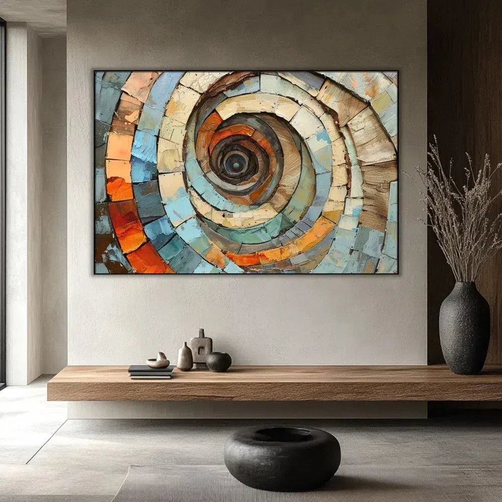 Spirale abstraite de formes géométriques en bleu, orange et beige, créant une sensation de mouvement fluide et une ambiance apaisante, parfaite pour un espace moderne.