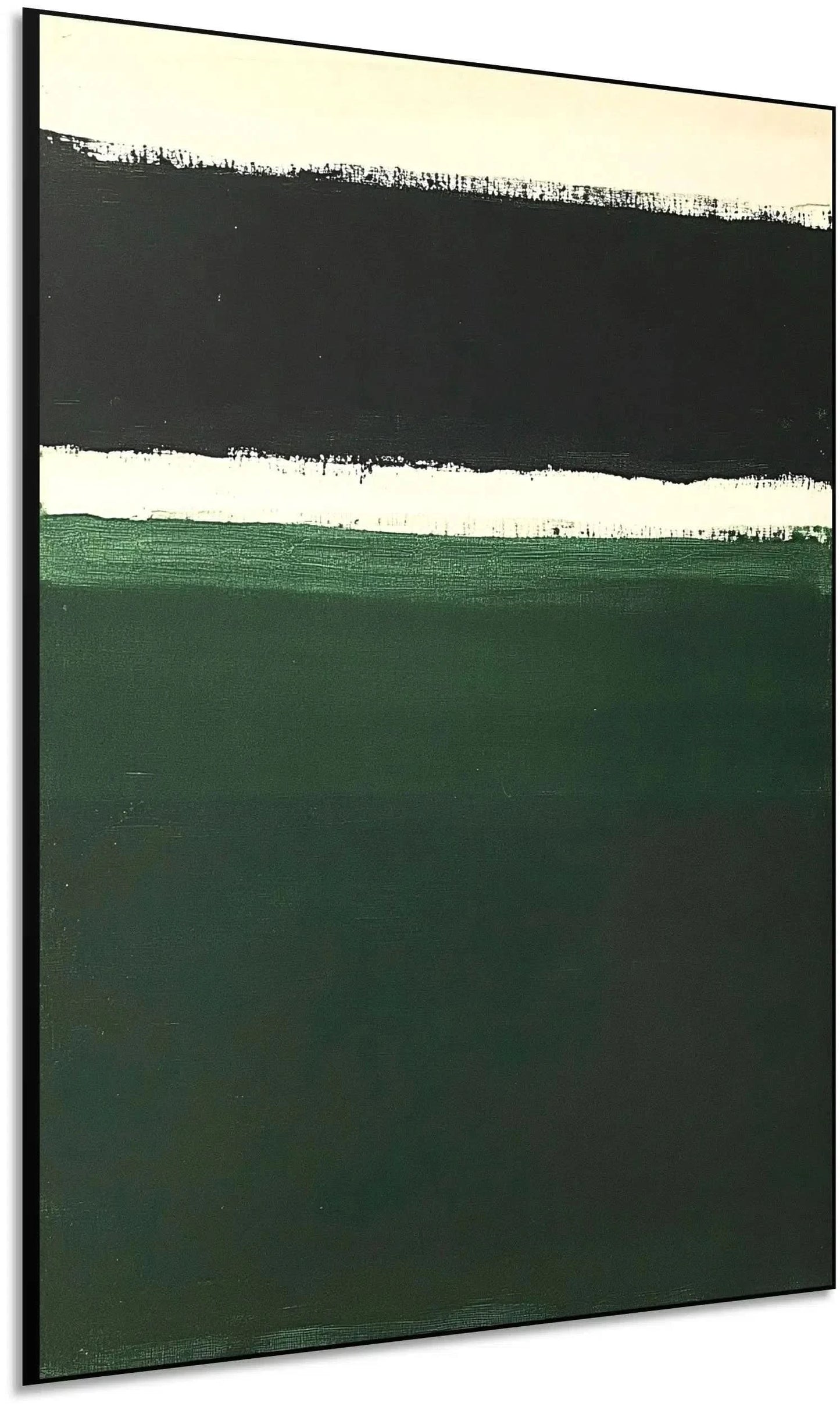 Peinture minimaliste avec des bandes de couleurs noires, blanches et vertes, idéale pour un salon ou une chambre moderne.