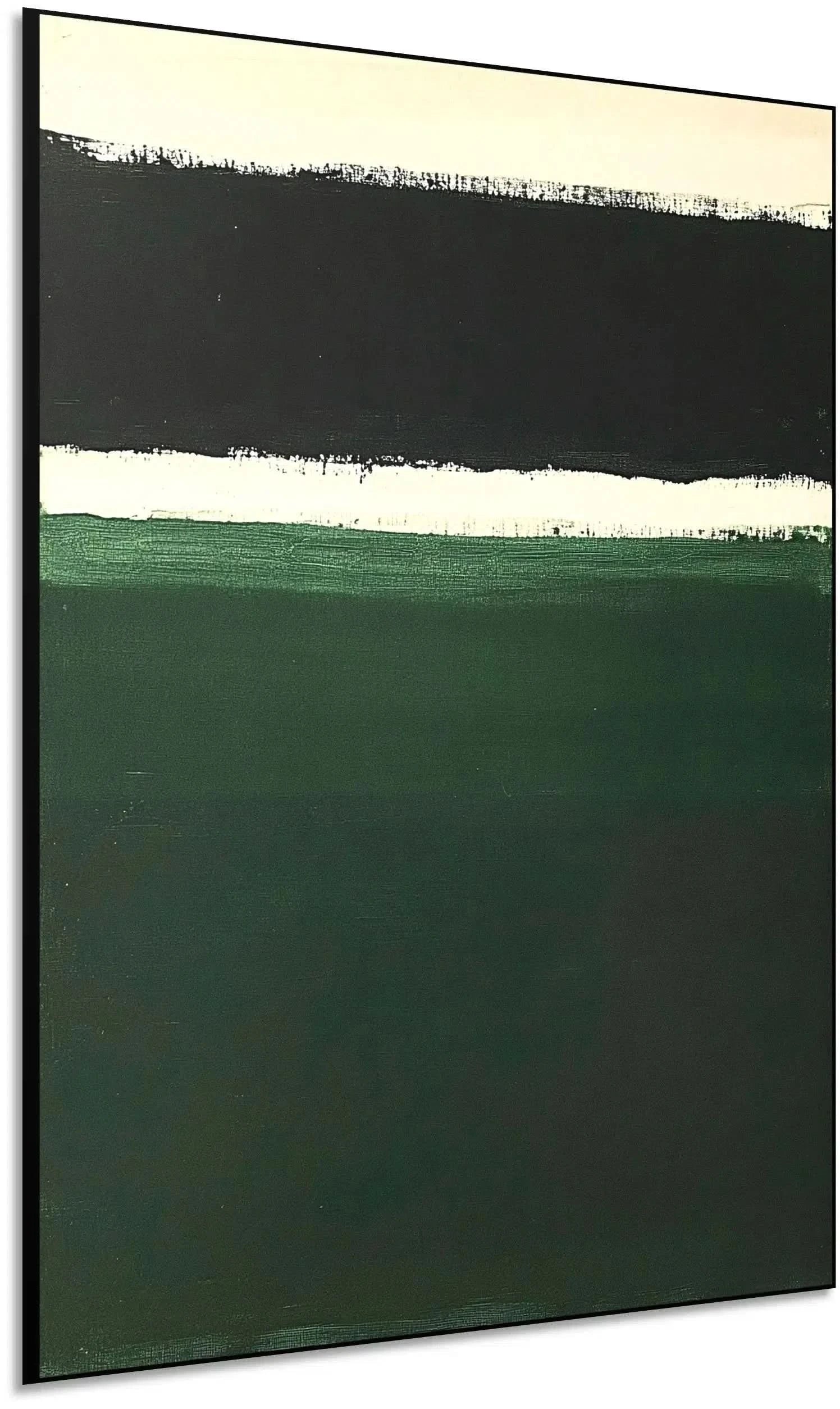 Peinture minimaliste avec des bandes de couleurs noires, blanches et vertes, idéale pour un salon ou une chambre moderne.
