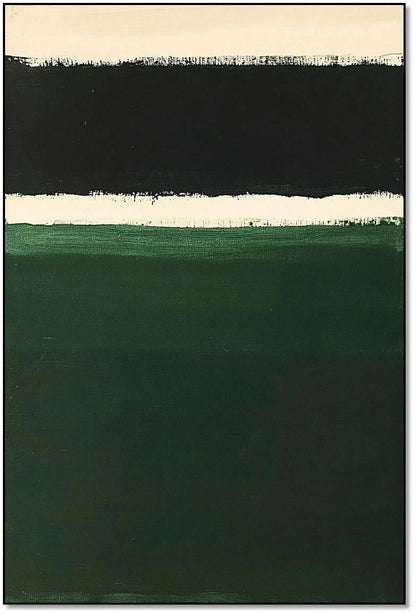 Peinture minimaliste avec des bandes de couleurs noires, blanches et vertes, idéale pour un salon ou une chambre moderne.
