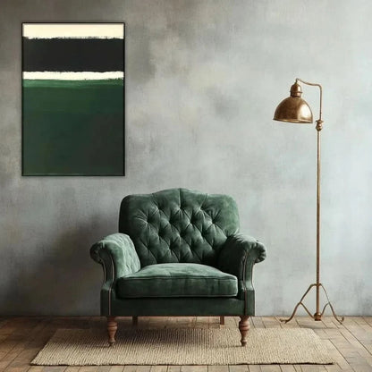 Peinture minimaliste avec des bandes de couleurs noires, blanches et vertes, idéale pour un salon ou une chambre moderne.