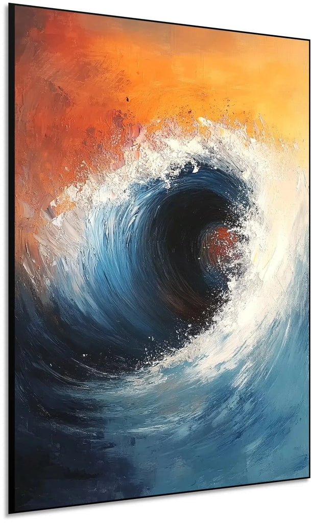 Peinture abstraite d'une vague puissante sur fond orangé et bleu, idéale pour un salon ou une chambre moderne.