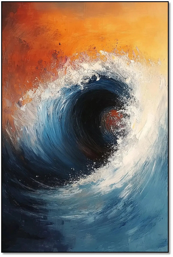 Peinture abstraite d'une vague puissante sur fond orangé et bleu, idéale pour un salon ou une chambre moderne.