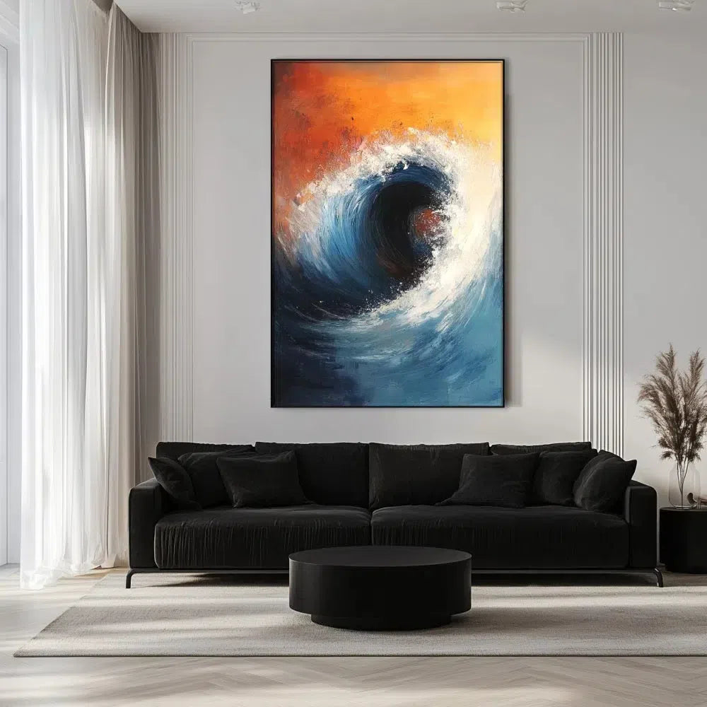 Peinture abstraite d'une vague puissante sur fond orangé et bleu, idéale pour un salon ou une chambre moderne.