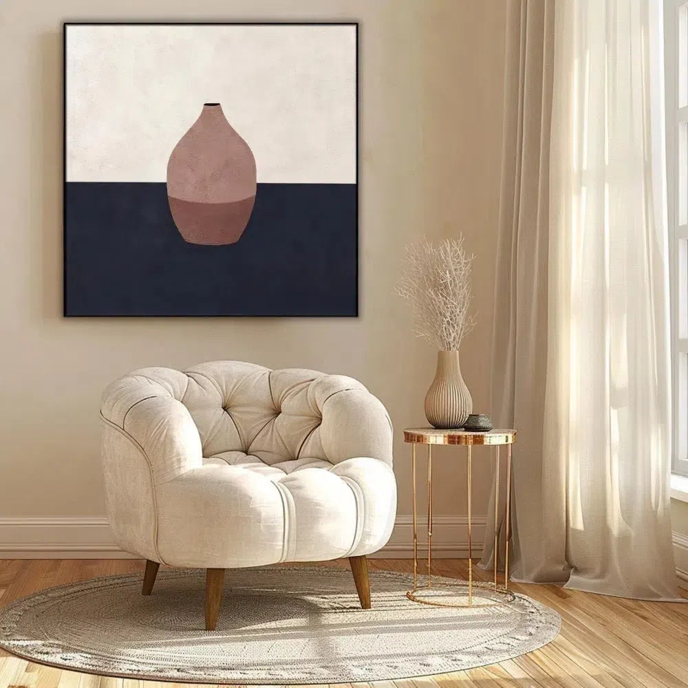 Tableau minimaliste avec vase en terre cuite sur fond contrasté. Élégant et apaisant, idéal pour un salon moderne.