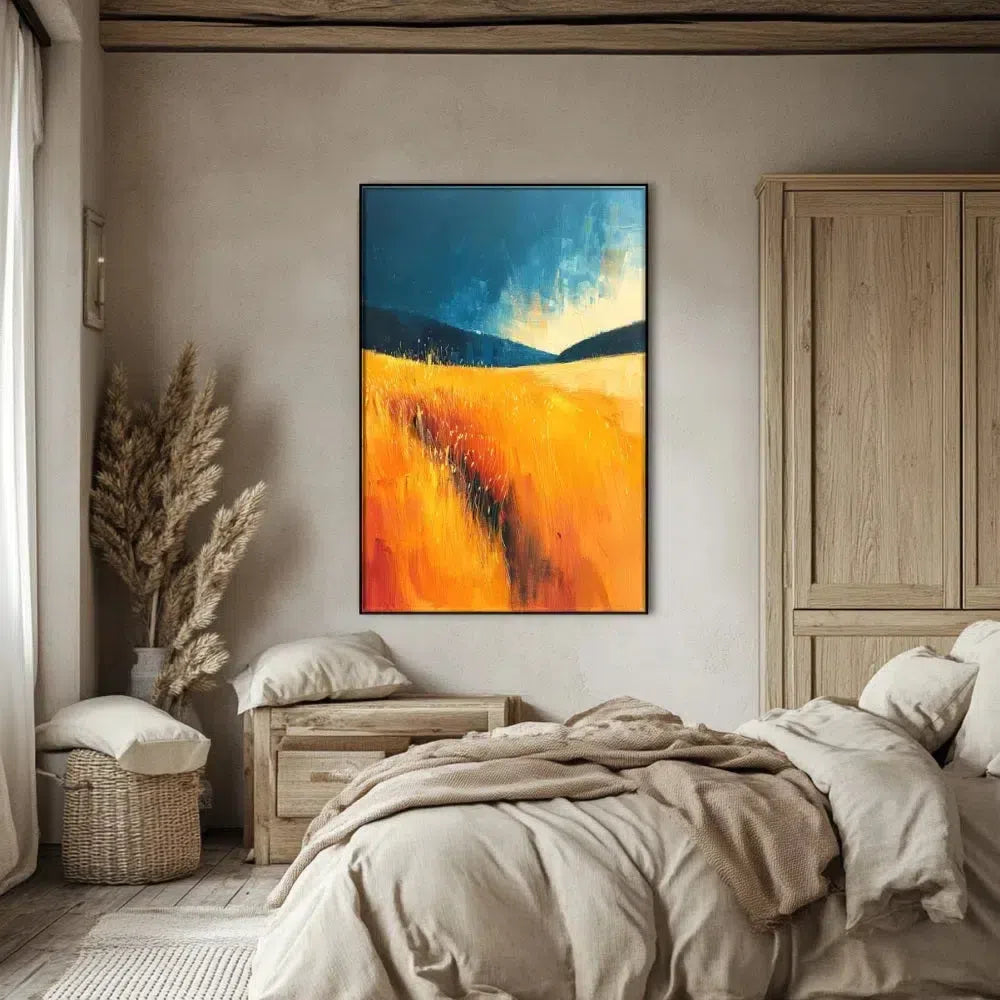 Peinture abstraite d'un champ doré sous un ciel bleu, créant une image dynamique, idéale pour une décoration moderne de salon ou chambre.