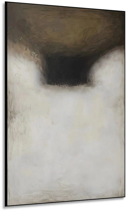 Tableau abstrait en tons beige et brun avec ombres profondes. Atmosphère mystique, idéal pour un salon moderne.