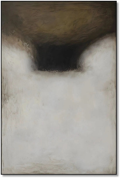 Tableau abstrait en tons beige et brun avec ombres profondes. Atmosphère mystique, idéal pour un salon moderne.