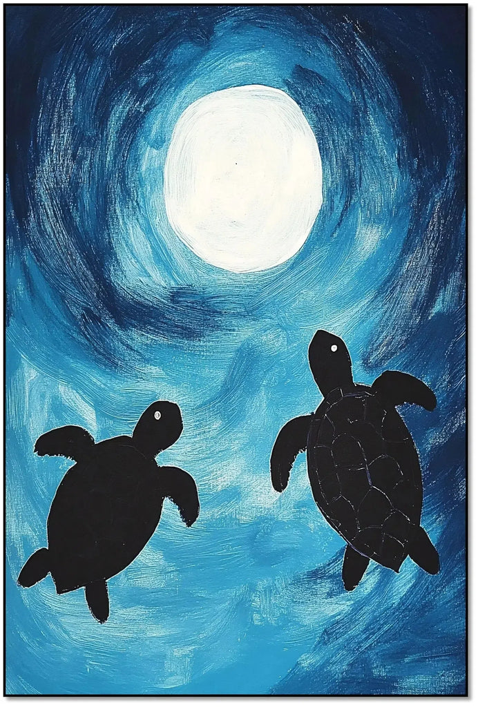 Peinture de deux tortues nageant sous la lumière de la lune, avec un fond bleu vibrant, idéale pour une chambre ou salon moderne.