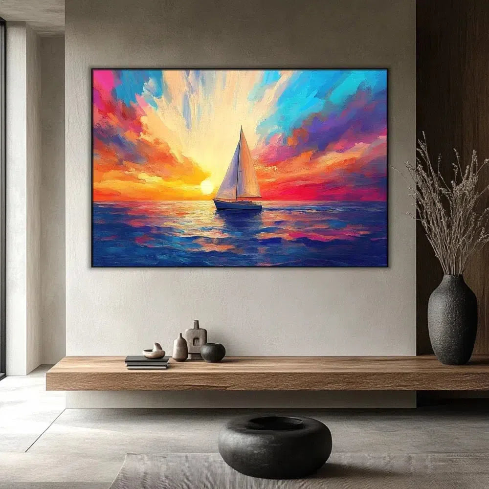 Un paysage marin avec un voilier naviguant sous un ciel coloré au coucher du soleil, parfait pour un salon ou une chambre.