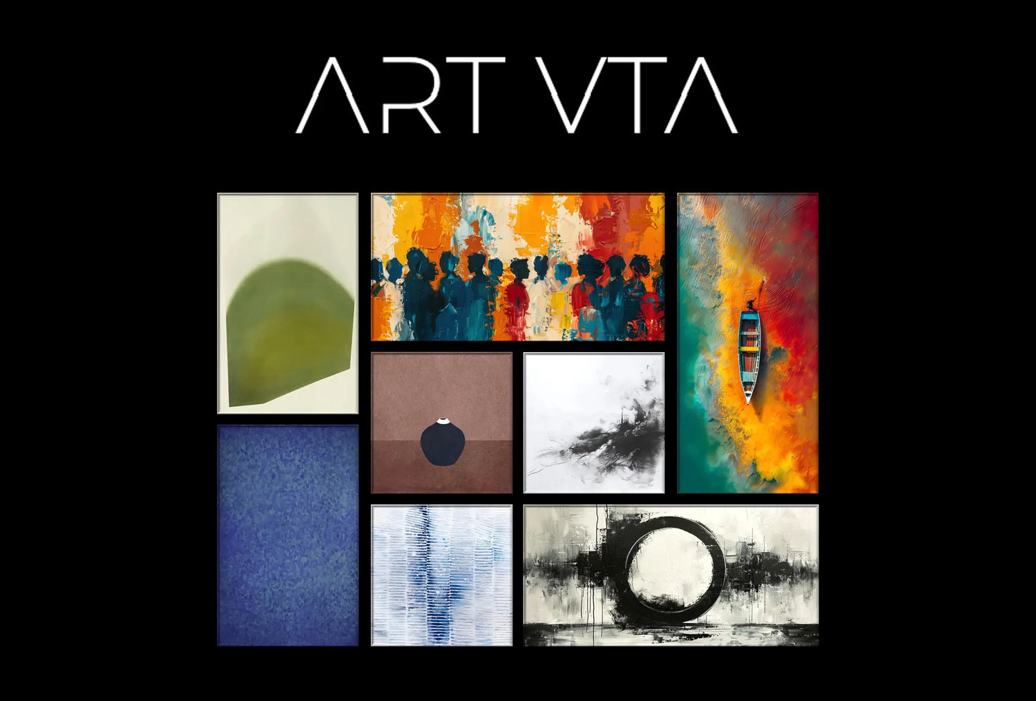 Vue d’ensemble des œuvres phares de la marque, illustrant l’univers artistique et l’identité visuelle d’ART VTA.